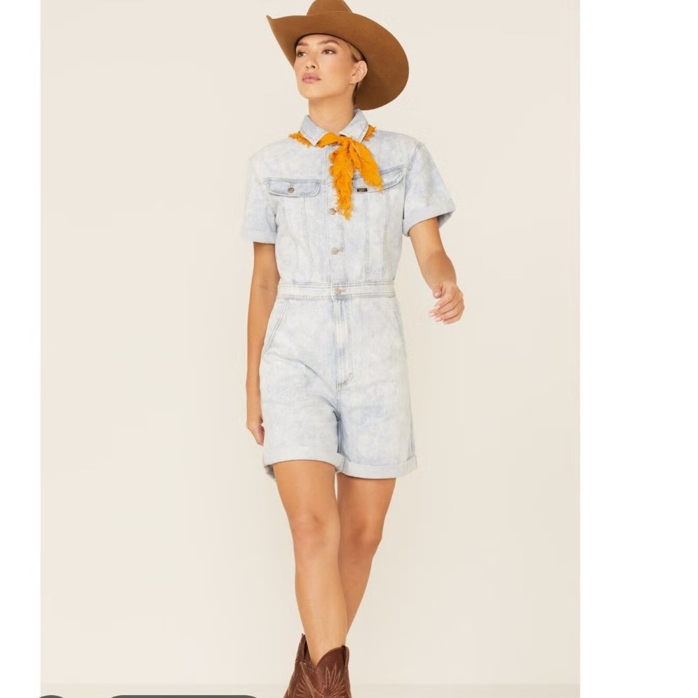 Lee Union-Alls Womens Denim Romper Light Acid Wash Short Sleeve Jumpsuit Large